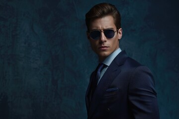 Obraz premium Modern businessmen in stylish suits and sunglasses on dark background.