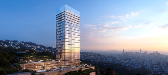 A sleek, high-rise residential building with a glass exterior, rooftop amenities, and a modern design