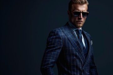 Obraz premium Modern businessmen in stylish suits and sunglasses on dark background.