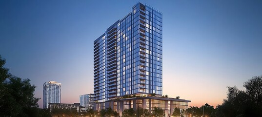 A sleek, high-rise residential building with a glass exterior, rooftop amenities, and a modern design