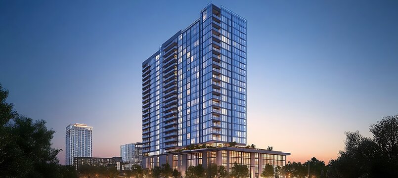 Fototapeta A sleek, high-rise residential building with a glass exterior, rooftop amenities, and a modern design
