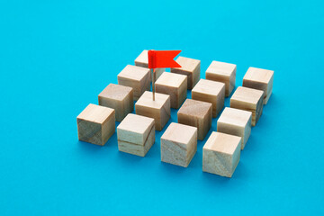 Group of wooden cubes and a flag shaped thumbtack, selecting one of them