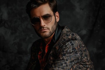 Fototapeta premium Confident man in jacket and sunglasses on dark background.
