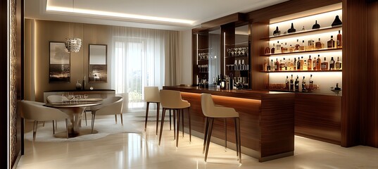 Fototapeta premium A sleek home bar with modern furnishings, backlit shelves, and stylish decor