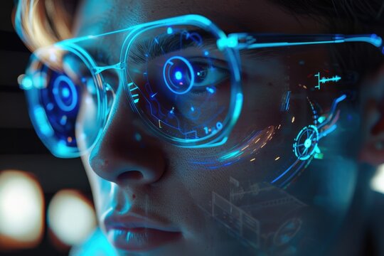Man with glasses and holographic interface  future technology concept.