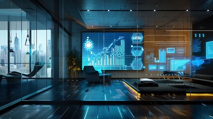 Fototapeta premium A modern office with holographic budget forecasts and financial planning tools floating around