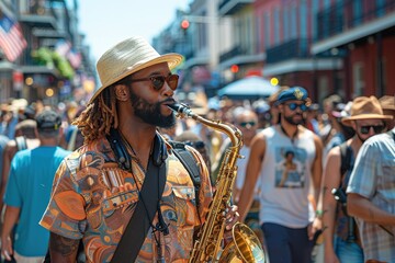 vibrant street festival new orleans louisiana jazz band men colorful live parades costumes