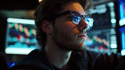 In a digital finance office, a businessman analyzes crypto trade trends using advanced technology and charts to strategize future investments.