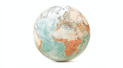 3d realistic rendered of planet earth sphere png on a white background aged old look model geography stand with political borders, global ball shape made of paper