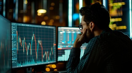 Fototapeta premium Digital finance trading involves analyzing graphs and charts on screens, optimizing investment strategies while monitoring risk and profit in real time.