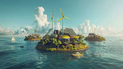 Obraz premium A group of small artificial islands with buildings and wind turbines in the middle of the ocean