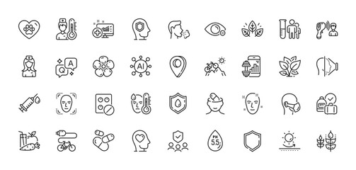 People insurance, Thermometer and Cough line icons pack. AI, Question and Answer, Map pin icons. Blood donation, Medical analyzes, Juice web icon. Leaf, Electric bike, Face detection pictogram. Vector