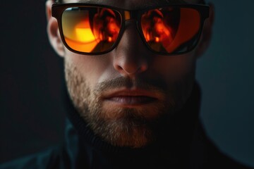 Obraz premium Portrait of stylish man with interesting reflection on his sunglasses at photo studio.