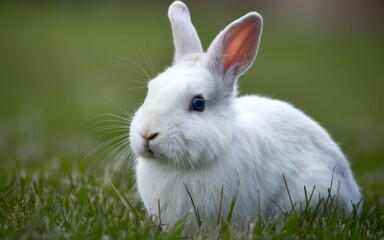 Fototapeta premium White bunny in grass. Adorable white rabbit with blue eyes sitting in lush green grass. The rabbit's fur is soft and fluffy.