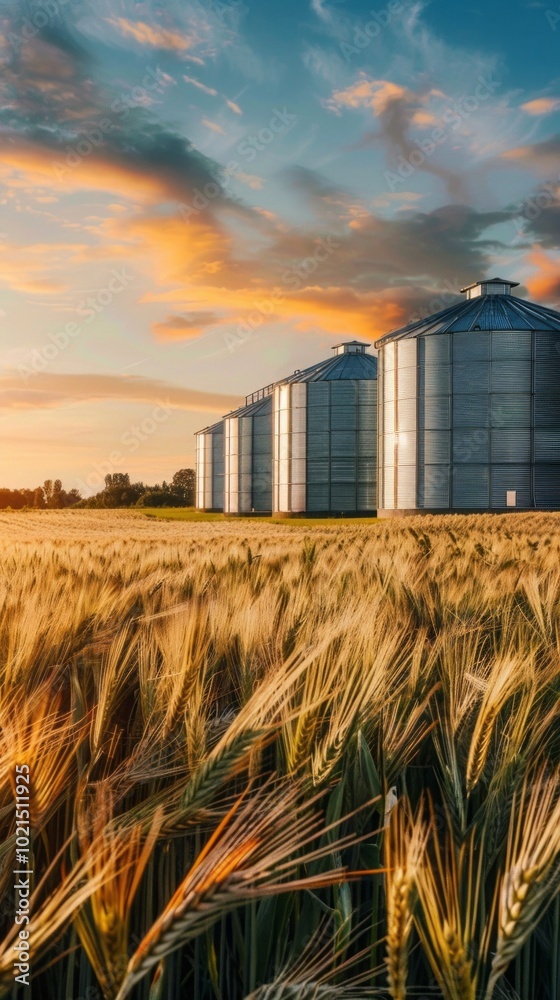 Poster a field of wheat with a few silos in the background