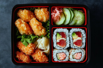 Japanese bento box with perfectly arranged sushi rolls, tempura, and rice, decorated with fresh slices of cucumber and radish.