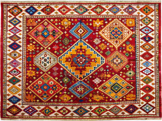Vibrant Moroccan rug featuring intricate geometric shapes and rich colors, perfect for adding warmth and character to any space. Its bold design enhances aesthetic appeal of interiors
