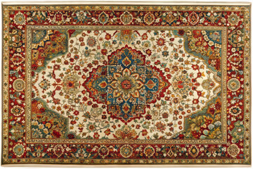 Fototapeta premium Vibrant oriental rug featuring bold, intricate designs in rich colors, perfect for enhancing any living space with its artistic flair and cultural elegance