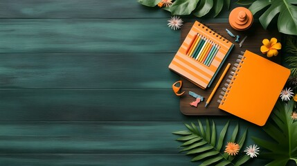 A wooden table or desk elegantly displaying school necessities like notebooks pencils and erasers surrounded by a lush verdant arrangement of plants with delicate leaves and flowers