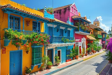 ibrant street cartagena colombia colonial architecture colorful buildings life house free
