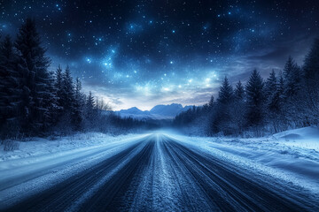 Northern Lights Over Snowy Road