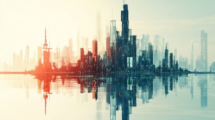 Fototapeta premium Futuristic Cityscape With Skyscrapers And Modern Architecture Mirrored In Calm Water, Digital Art