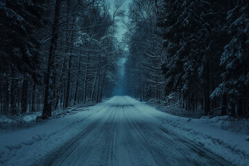Obraz premium road in winter forest at night
