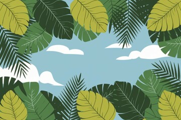 Fototapeta premium Tropical leaves sky. Lush green foliage frames a vibrant blue sky with fluffy white clouds, creating a tranquil tropical backdrop.