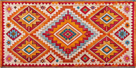 Vibrant Scandinavian inspired rug featuring bold geometric patterns and rich colors. This stunning piece adds warmth and character to any space, making it perfect decorative accent