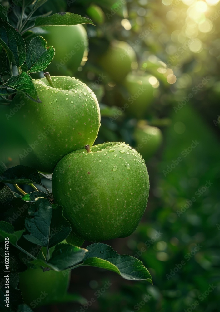 Wall mural Scrumptious Granny Smith apples hanging on a tree branch