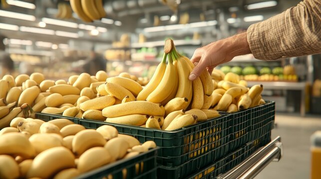 Hand grabbing a perfectly yellow bunch of bananas from the fruit display, 3D illustration