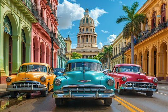 Fototapeta vibrant street havana cuba colorful colonial buildings cars classic tourism road city free