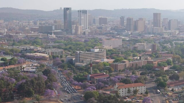 Wide aerial view of congested traffic flowing through jacaranda tree lined streets of Pretoria, South Africa. City skyline background