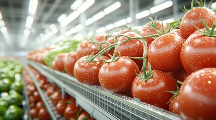 Shiny tomatoes, dewy and vibrant, stacked high on a produce cart in a supermarket, 3D illustration