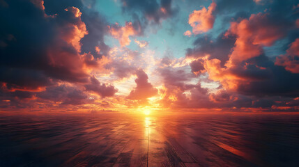 Obraz premium Sunset Cloudscape with Wooden Floor Background