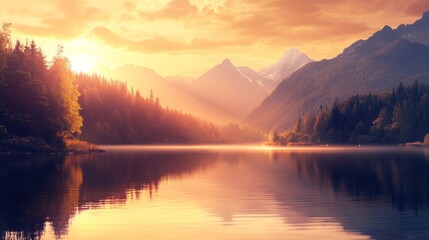 Fototapeta premium A stunning sunrise over a calm lake in the mountains with fog rolling over the water. The sun casts a golden glow over the landscape, illuminating the trees and reflecting on the water.