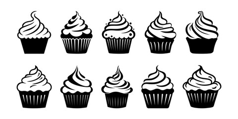 Set of black cupcakes, muffin logo. Vector illustrations isolated on white background. Can be used as icon, sign or symbol - cupcake silhouette, cake, sweet pastries, muffin. Pastry shop logo.