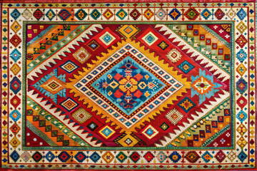 Vibrant Indian rug featuring bold colors and intricate geometric patterns, showcasing rich cultural heritage and artistic craftsmanship. Perfect for adding warmth and character to any space