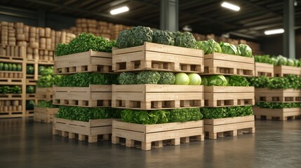 Fototapeta premium A stack of organic vegetable crates, each perfectly arranged in the produce aisle, 3D illustration