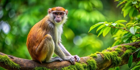 Fototapeta premium Sabaeus Monkey Sitting on a Tree Branch in Natural Habitat with Lush Green Background