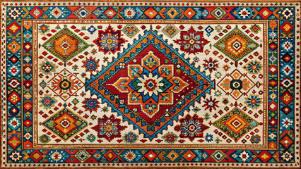 Intricate and vibrant Indian rug featuring geometric designs in rich colors, showcasing traditional craftsmanship and cultural heritage. Perfect for enhancing any space
