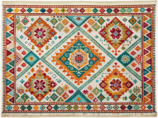 Vibrant Scandinavian rug featuring intricate geometric patterns in rich colors. This stunning piece adds warmth and character to any space, showcasing blend of artistry and design