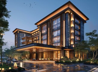 Modern Luxury Hotel Exterior at Night
