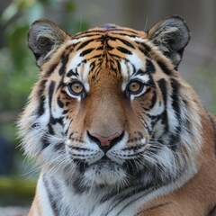 Fototapeta premium Tiger close up. Close-up of a tiger's face, showing its intense gaze and powerful presence. The stripes and whiskers add to its captivating charm.