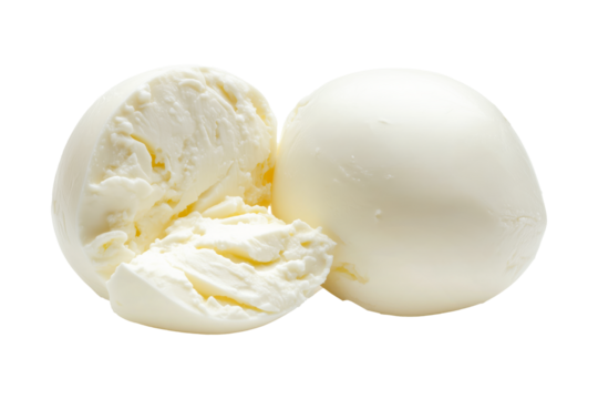 Fior di Latte Mozzarella cheese balls isolated on white transparent background. Concept of fresh dairy products and Italian cuisine