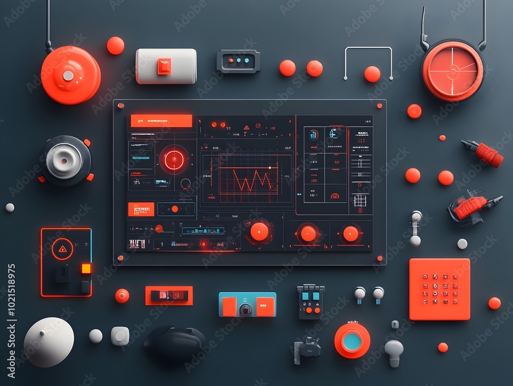 Poster technological control panel with mesmerizing digital interfaces clean geometric lines and constructi