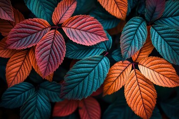 Fototapeta premium Close-up of Red, Orange, and Green Leaves
