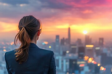 a woman in a suit looking at a city skyline