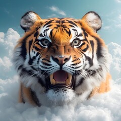 Naklejka premium Fierce and majestic tiger with a powerful muscular build sharp fangs bared in a fierce roar fur standing on end in a state of heightened alertness vibrant orange and black striped coat