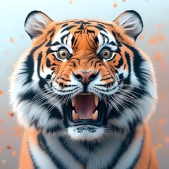 Naklejka premium Dramatic and close up of a fierce muscular orange tiger with black stripes its face filled with intense emotions of anger and surprise vibrant and lifelike in a natural outdoor setting